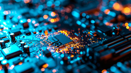 Close-up view of a modern GPU card with circuit and colorful lights. AI generated.の素材