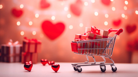 Miniature basket with gifts, sales concept for Valentine's day. AI generatedの素材