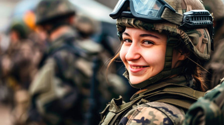 Girl soldier in military uniform, military in the background. AI generated.の素材