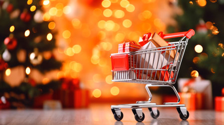Christmas holiday background. shopping cart full of Christmas decorations, toys and balls on table close up. AI generatedの素材