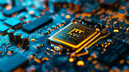 Close-up view of a modern GPU card with circuit and colorful lights. AI generated.の素材