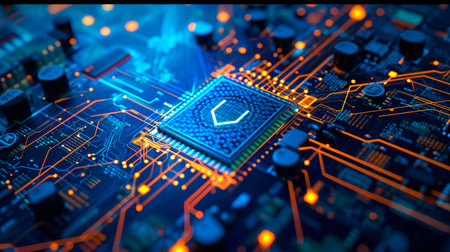 Close-up view of a modern GPU card with circuit and colorful lights. AI generated.の素材