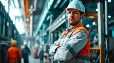 Men industrial engineer wearing a while standing in a heavy industrial factory. AI generated.の素材