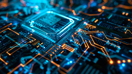 Close-up view of a modern GPU card with circuit and colorful lights. AI generated.の素材