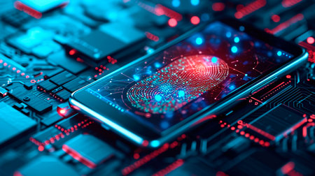 concept of two-factor verification on a smartphone using a fingerprint. AI generated.の素材