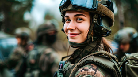 Girl soldier in military uniform, military in the background. AI generated.の素材