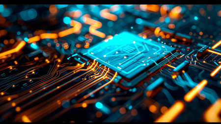 Close-up view of a modern GPU card with circuit and colorful lights. AI generated.の素材