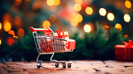Christmas holiday background. shopping cart full of Christmas decorations, toys and balls on table close up. AI generatedの素材