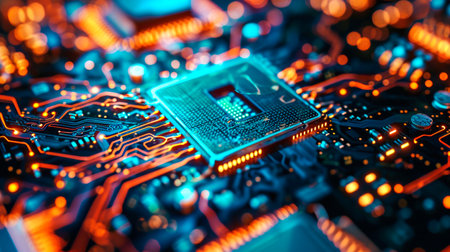 Close-up view of a modern GPU card with circuit and colorful lights. AI generated.の素材