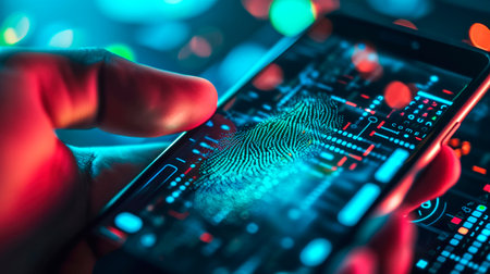 concept of two-factor verification on a smartphone using a fingerprint. AI generated.の素材