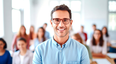 Portrait of a male teacher smiling, with students in the background. AI generated.の素材