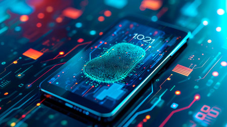 concept of two-factor verification on a smartphone using a fingerprint. AI generated.の素材