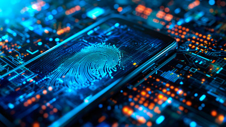 concept of two-factor verification on a smartphone using a fingerprint. AI generated.の素材