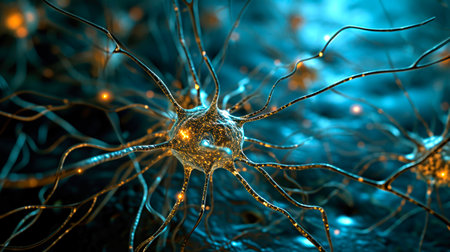 Neurons activity. Synapses and axones transmitting electrical signals. AI generatedの素材