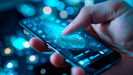concept of two-factor verification on a smartphone using a fingerprint. AI generated.の素材