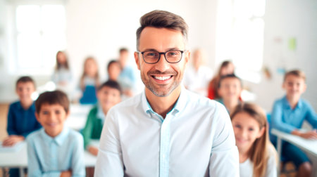 Portrait of a male teacher smiling, with students in the background. AI generated.の素材