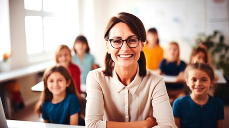 Portrait of a female teacher smiling, with students in the background. AI generated.の素材
