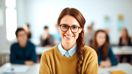 Portrait of a female teacher smiling, with students in the background. AI generated.の素材