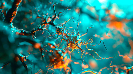 Neurons activity. Synapses and axones transmitting electrical signals. AI generatedの素材