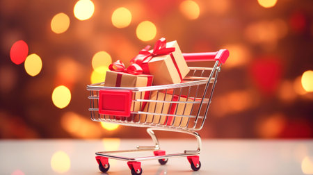 Christmas holiday background. shopping cart full of Christmas decorations, toys and balls on table close up. AI generatedの素材