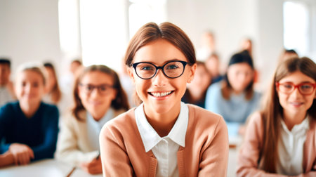 Portrait of a female teacher smiling, with students in the background. AI generated.の素材
