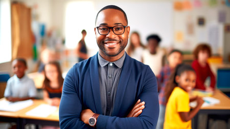 Portrait of a smiling African American male teacher, with students in the background. AI generated.の素材