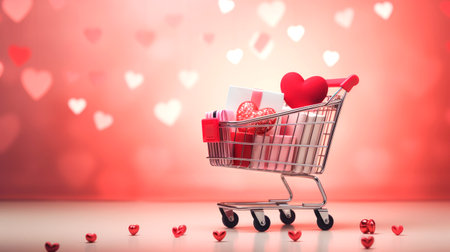 Miniature basket with gifts, sales concept for Valentine's day. AI generatedの素材