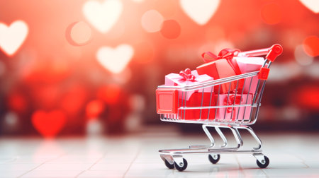 Miniature basket with gifts, sales concept for Valentine's day. AI generatedの素材
