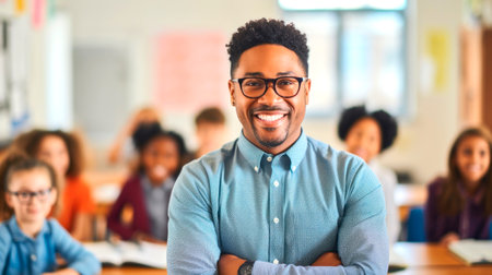 Portrait of a smiling African American male teacher, with students in the background. AI generated.の素材