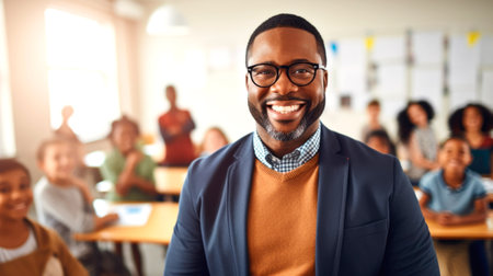 Portrait of a smiling African American male teacher, with students in the background. AI generated.の素材