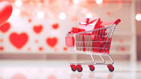 Miniature basket with gifts, sales concept for Valentine's day. AI generatedの素材
