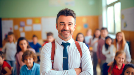 Portrait of a male teacher smiling, with students in the background. AI generated.の素材