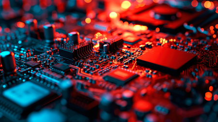 Close-up view of a modern GPU card with circuit and colorful lights. AI generated.の素材
