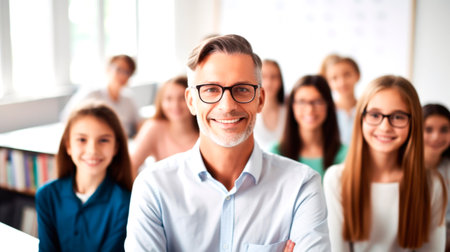 Portrait of a male teacher smiling, with students in the background. AI generated.の素材