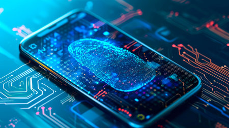 concept of two-factor verification on a smartphone using a fingerprint. AI generated.の素材