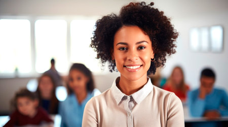 Portrait of a smiling African American female teacher, with students in the background. AI generated.の素材