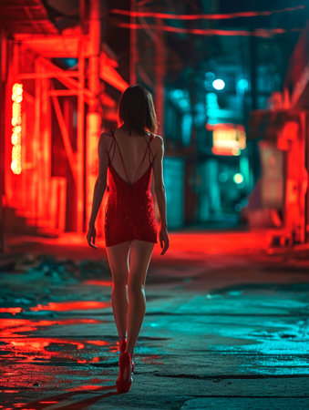 beautiful girl walking through the night city in the illumination light. AI generatedの素材