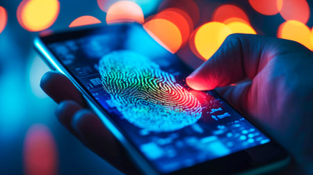 concept of two-factor verification on a smartphone using a fingerprint. AI generated.の素材