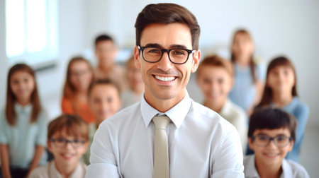 Portrait of a male teacher smiling, with students in the background. AI generated.の素材