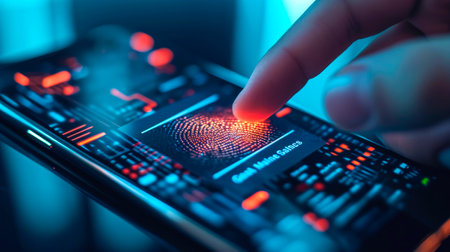 concept of two-factor verification on a smartphone using a fingerprint. AI generated.の素材