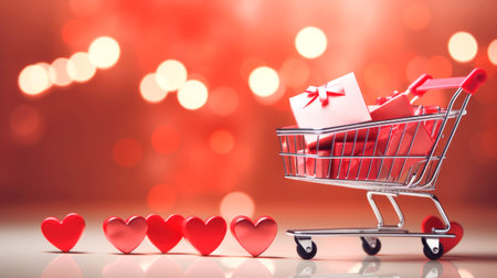 Miniature basket with gifts, sales concept for Valentine's day. AI generatedの素材
