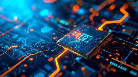 Close-up view of a modern GPU card with circuit and colorful lights. AI generated.の素材