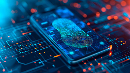 concept of two-factor verification on a smartphone using a fingerprint. AI generated.の素材