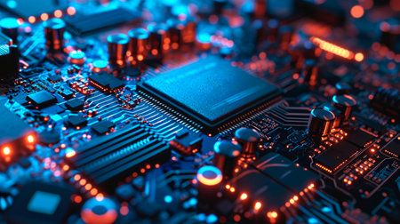 Close-up view of a modern GPU card with circuit and colorful lights. AI generated.の素材