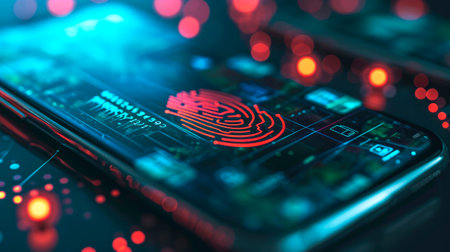 concept of two-factor verification on a smartphone using a fingerprint. AI generated.の素材