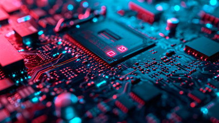 Close-up view of a modern GPU card with circuit and colorful lights. AI generated.の素材