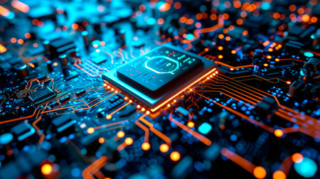 Close-up view of a modern GPU card with circuit and colorful lights. AI generated.の素材