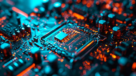 Close-up view of a modern GPU card with circuit and colorful lights. AI generated.の素材