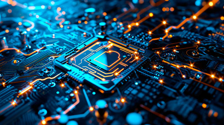 Close-up view of a modern GPU card with circuit and colorful lights. AI generated.の素材