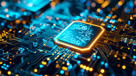 Close-up view of a modern GPU card with circuit and colorful lights. AI generated.の素材